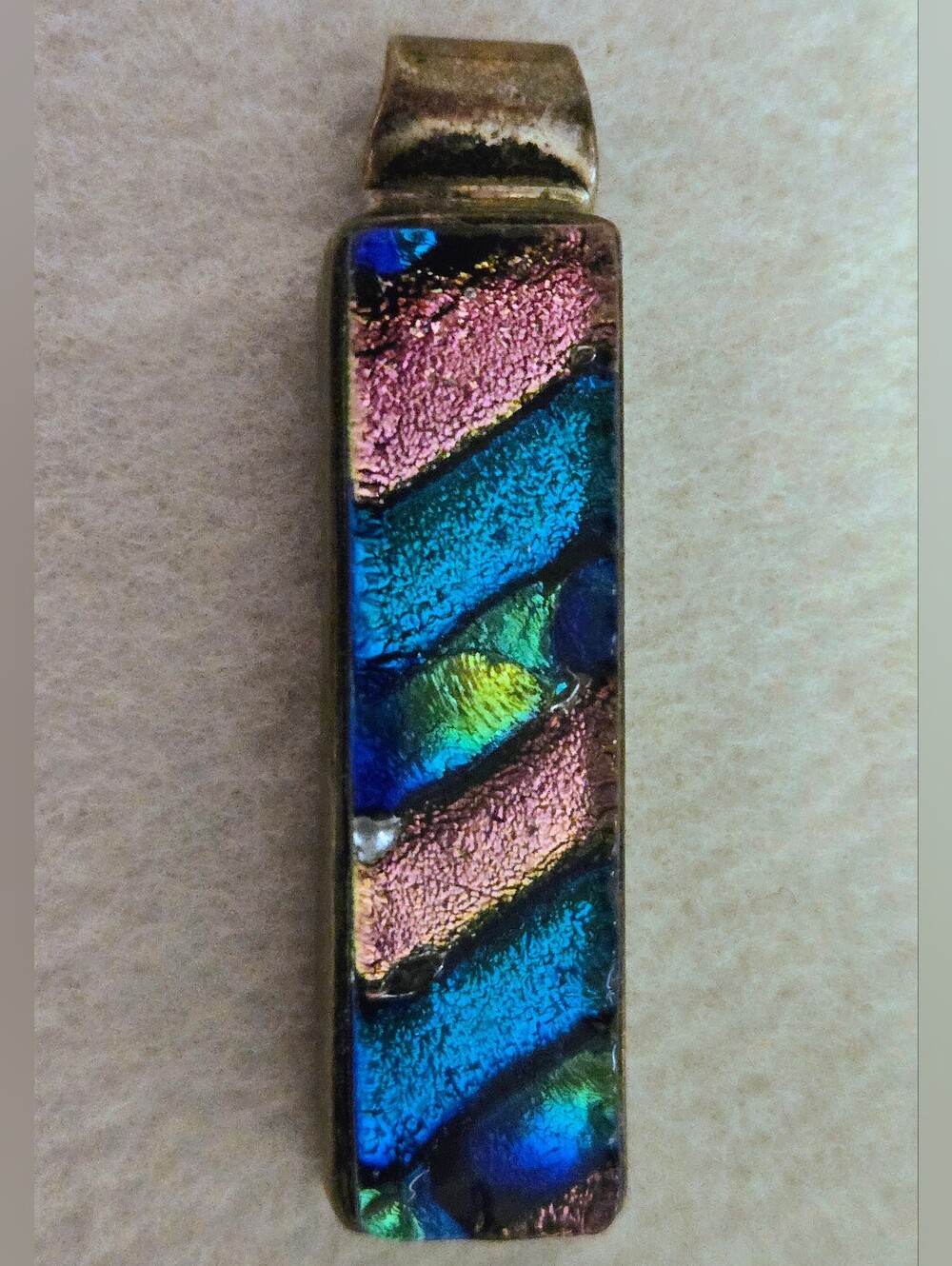 .925 Sterling Silver Dichroic Glass Pendant Necklace - Iridescent Blue & Purple